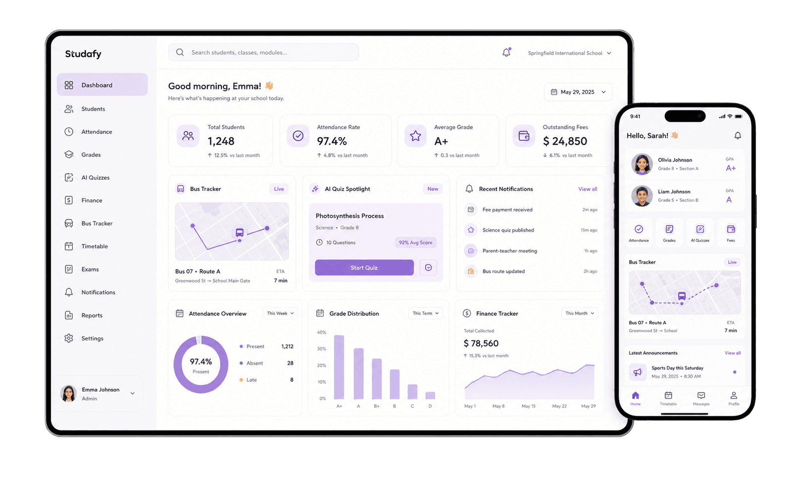 Studafy web dashboard and mobile app preview